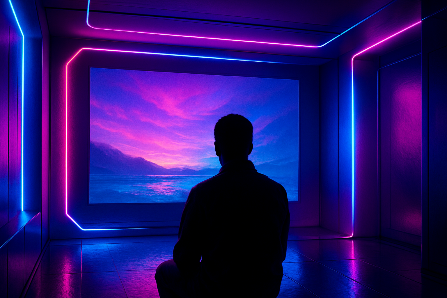 person watching a projected ambient scene in a neon room